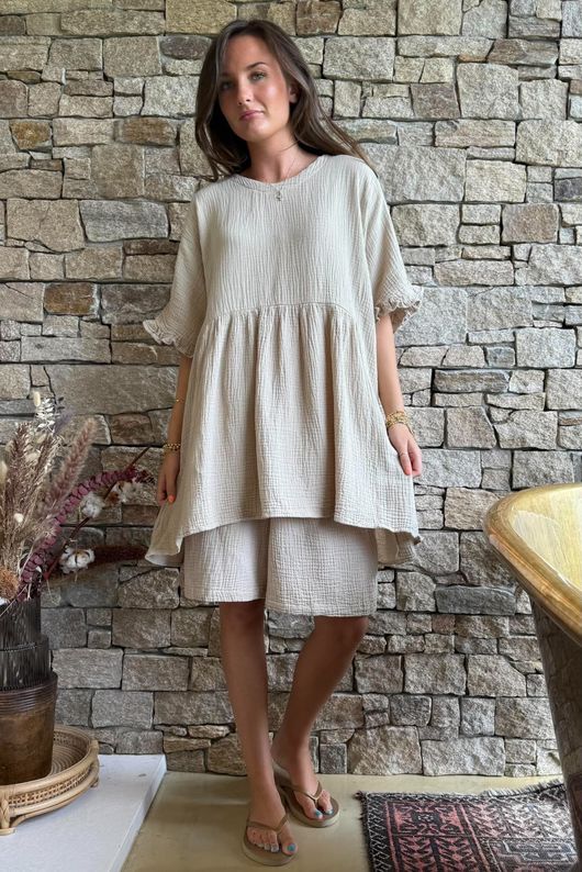 Dusk Bubble Cotton Smock Top Stone